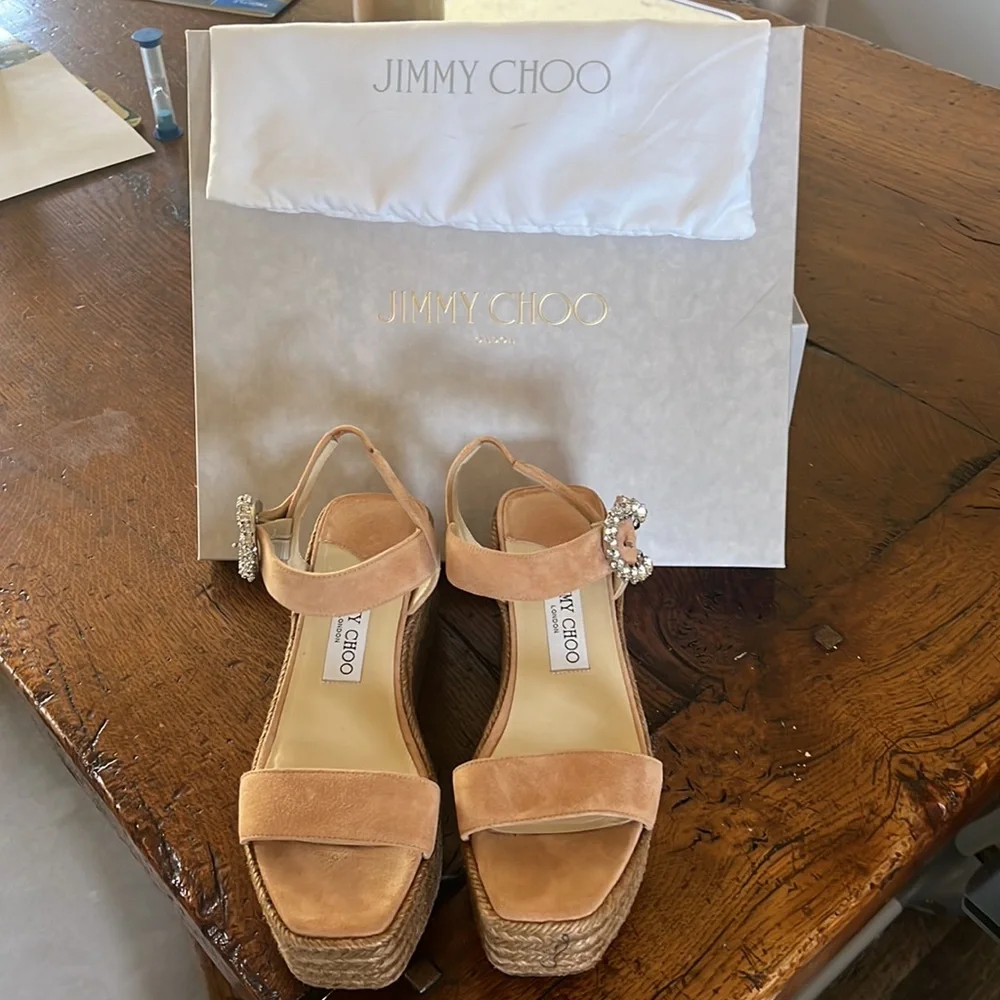Jimmy Choo Beige Suede Espadrille Wedge Sandals with Crystal Buckle